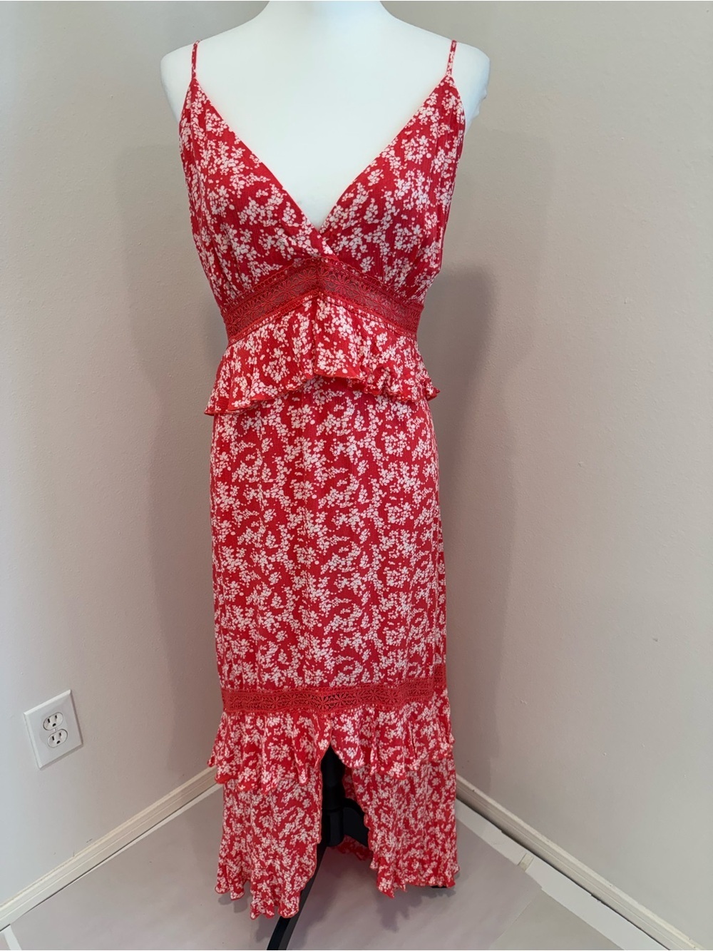 Express Red Floral Strap Midi Dress Ruffle V Neck Vacation Beach Summer XL
